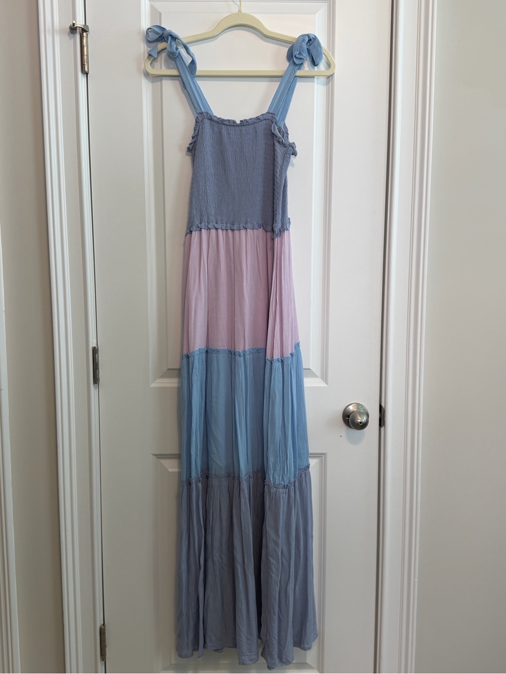 BeBop Tiered Maxi Dress in Blue and Light Pink